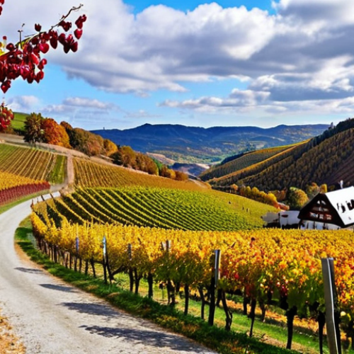 ** A picturesque vineyard in the Ahr region during autumn. Rolling hills covered in vibrant red and golden grapevines under a partly cloudy sky. A winding hiking trail cuts through the landscape. In the distance, a cozy "Weinstube" (wine tavern) can be seen. Capture the feeling of a crisp autumn day and the anticipation of enjoying a glass of Spätburgunder.

**