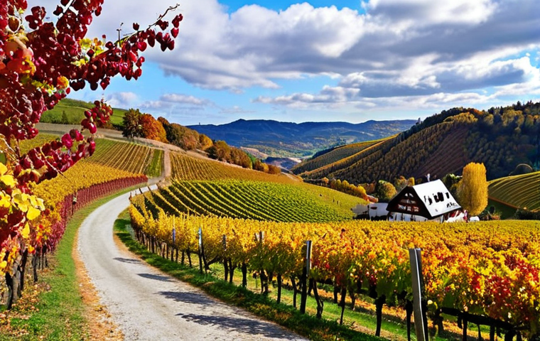 ** A picturesque vineyard in the Ahr region during autumn. Rolling hills covered in vibrant red and golden grapevines under a partly cloudy sky. A winding hiking trail cuts through the landscape. In the distance, a cozy "Weinstube" (wine tavern) can be seen. Capture the feeling of a crisp autumn day and the anticipation of enjoying a glass of Spätburgunder.

**
