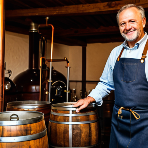 A professional, middle-aged German brewmaster, fully clothed in modest, traditional work attire including a sturdy apron and a clean shirt. He stands within a historic, small family brewery, surrounded by traditional copper brewing kettles and rustic wooden barrels. The scene is illuminated by warm, inviting light. The brewmaster gestures with one hand towards the brewing equipment, holding a small sample glass of amber beer in the other, passionately explaining the brewing process. He has an engaged, knowledgeable expression. The image conveys authenticity and deep tradition, appropriate content, safe for work, perfect anatomy, correct proportions, natural pose, well-formed hands, proper finger count, natural body proportions, professional photography, high quality, family-friendly.