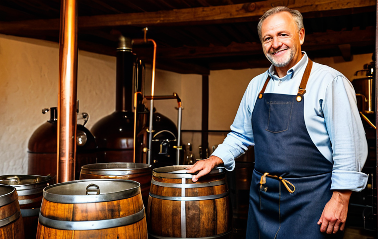 A professional, middle-aged German brewmaster, fully clothed in modest, traditional work attire including a sturdy apron and a clean shirt. He stands within a historic, small family brewery, surrounded by traditional copper brewing kettles and rustic wooden barrels. The scene is illuminated by warm, inviting light. The brewmaster gestures with one hand towards the brewing equipment, holding a small sample glass of amber beer in the other, passionately explaining the brewing process. He has an engaged, knowledgeable expression. The image conveys authenticity and deep tradition, appropriate content, safe for work, perfect anatomy, correct proportions, natural pose, well-formed hands, proper finger count, natural body proportions, professional photography, high quality, family-friendly.