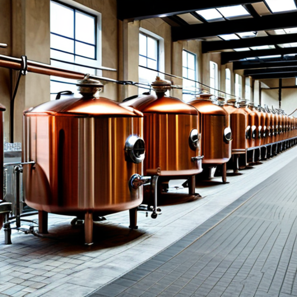 A grand, authentic German brewery cellar with impressive, gleaming copper brewing kettles at the forefront. Soft, warm light reflects beautifully off the polished metal, highlighting intricate details. In the background, rows of large, well-maintained stainless steel fermentation tanks are neatly arranged. The floor is clean stone, and the air has a subtle, inviting warmth, hinting at the brewing process. Professional photography, high resolution, intricate details, realistic, perfect anatomy, natural proportions, safe for work, appropriate content, family-friendly.