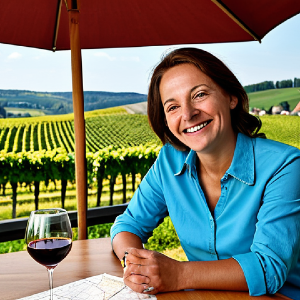 Planning the Perfect Wine Tour**

"A woman in appropriate casual attire, fully clothed, sitting at a table on a sunny terrace in the Rheingau region, Germany, planning a wine tour using a map and travel guide. She is smiling and appears relaxed. In the background are rolling vineyards. safe for work, professional setting, correct proportions, well-formed hands, family-friendly, high-quality image, natural pose, appropriate content."

**