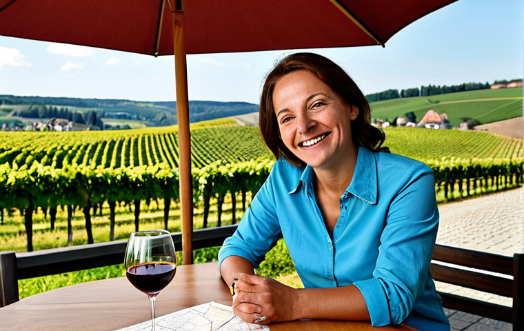 Planning the Perfect Wine Tour**

"A woman in appropriate casual attire, fully clothed, sitting at a table on a sunny terrace in the Rheingau region, Germany, planning a wine tour using a map and travel guide. She is smiling and appears relaxed. In the background are rolling vineyards. safe for work, professional setting, correct proportions, well-formed hands, family-friendly, high-quality image, natural pose, appropriate content."

**