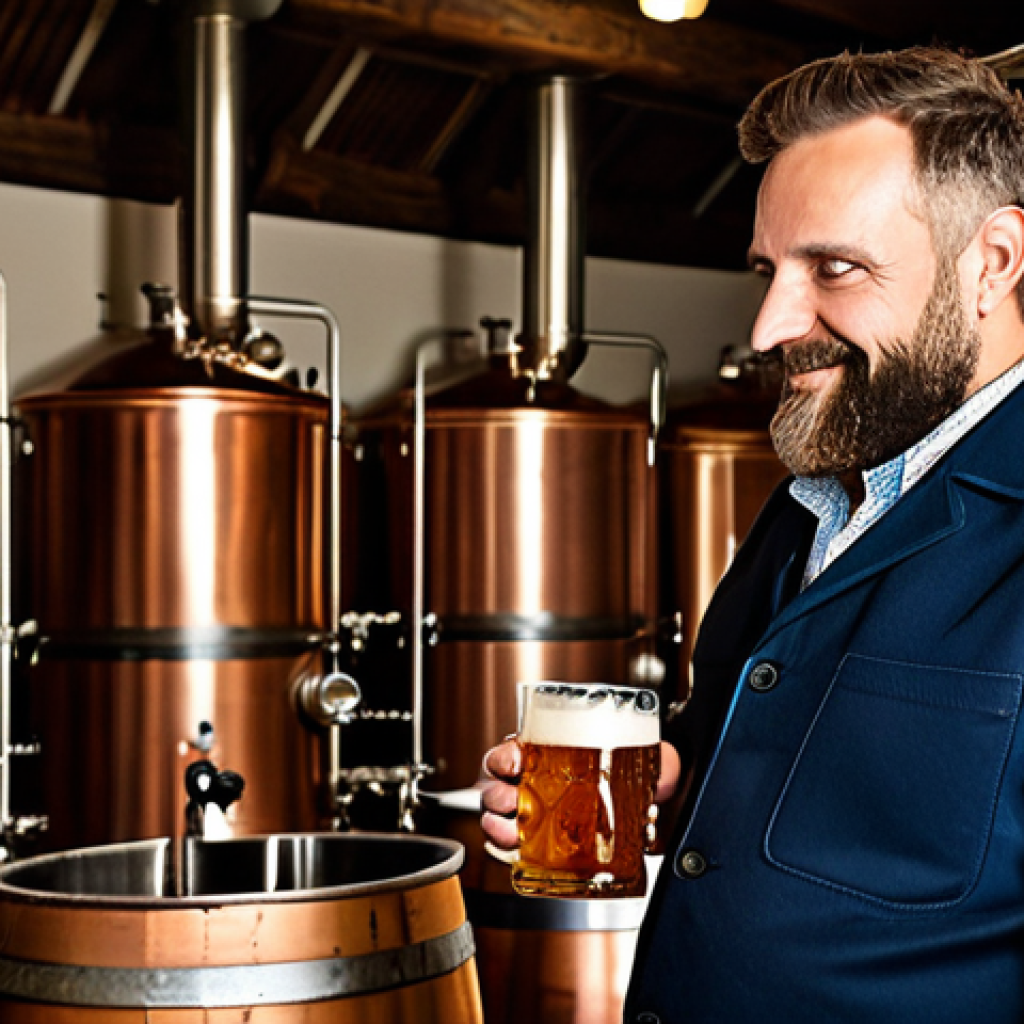 **

"Inside a traditional Bavarian brewery, showcasing gleaming copper kettles and a friendly Braumeister (brewmaster) with a neatly trimmed beard, checking the brewing process. Focus on the warm lighting, the aroma of malt and hops visibly represented, and the overall sense of craftsmanship. In the background, barrels of beer aging. fully clothed, appropriate attire, safe for work, perfect anatomy, natural proportions, professional photography, high quality, family-friendly."

**