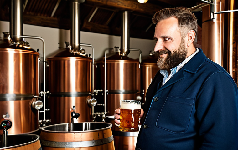 **

"Inside a traditional Bavarian brewery, showcasing gleaming copper kettles and a friendly Braumeister (brewmaster) with a neatly trimmed beard, checking the brewing process. Focus on the warm lighting, the aroma of malt and hops visibly represented, and the overall sense of craftsmanship. In the background, barrels of beer aging. fully clothed, appropriate attire, safe for work, perfect anatomy, natural proportions, professional photography, high quality, family-friendly."

**