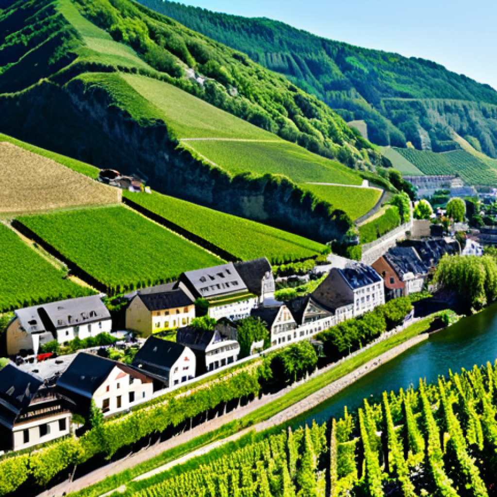와이너리 투어를 통해 배우는 와인 성격 - **Prompt:** Lush green vineyards of the Mosel region, steep hillsides covered in Riesling grapes, a ...