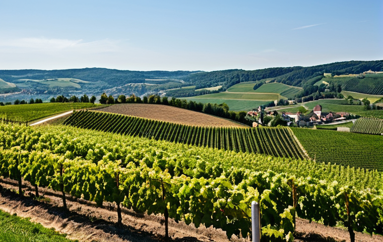 와이너리 투어를 통해 배우는 와인 성격 - **Prompt:** Elegant Rheingau vineyard scene, rolling hills, old vines, a traditional German wine est...