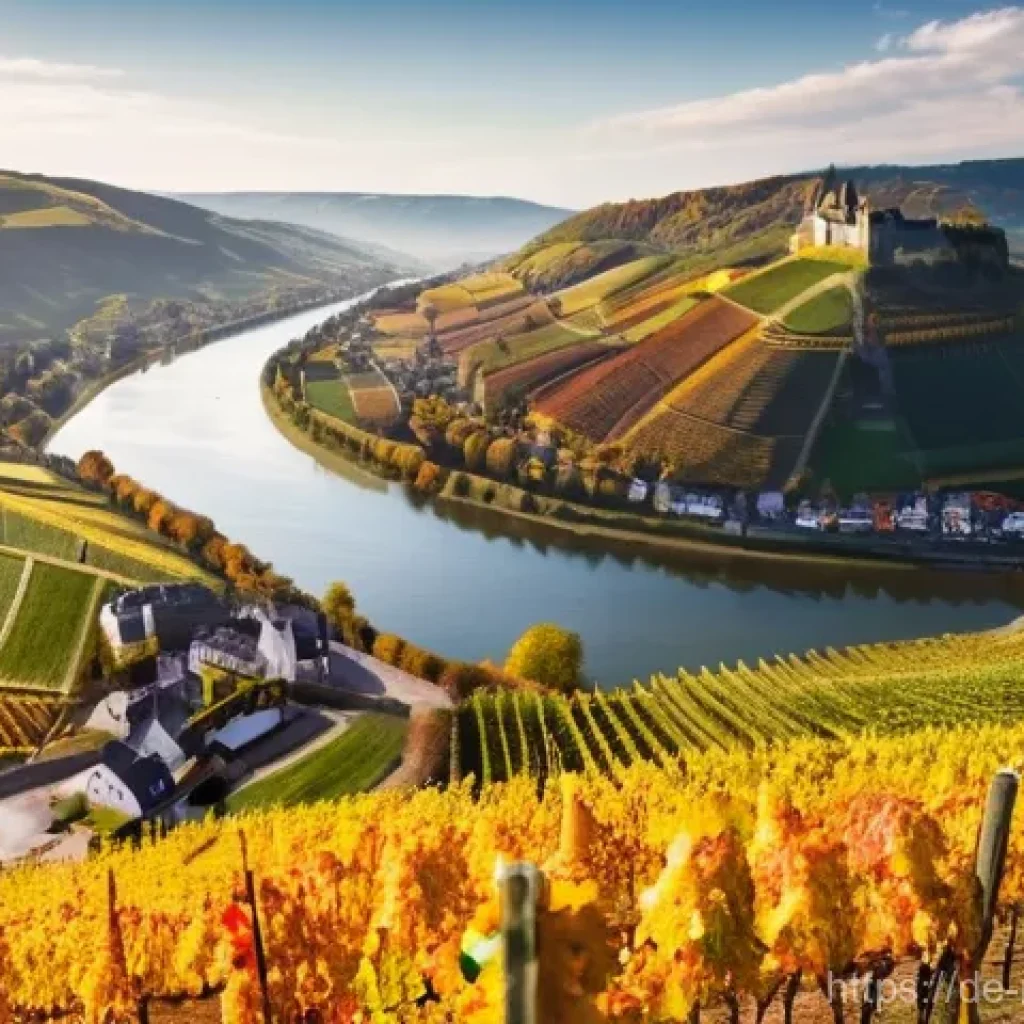 와인과 지역 음식을 함께 즐길 수 있는 투어 - **Prompt:** A breathtaking, wide-angle shot of the Mosel Valley in autumn. The scene is dominated by...