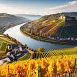 와인과 지역 음식을 함께 즐길 수 있는 투어 - **Prompt:** A breathtaking, wide-angle shot of the Mosel Valley in autumn. The scene is dominated by...