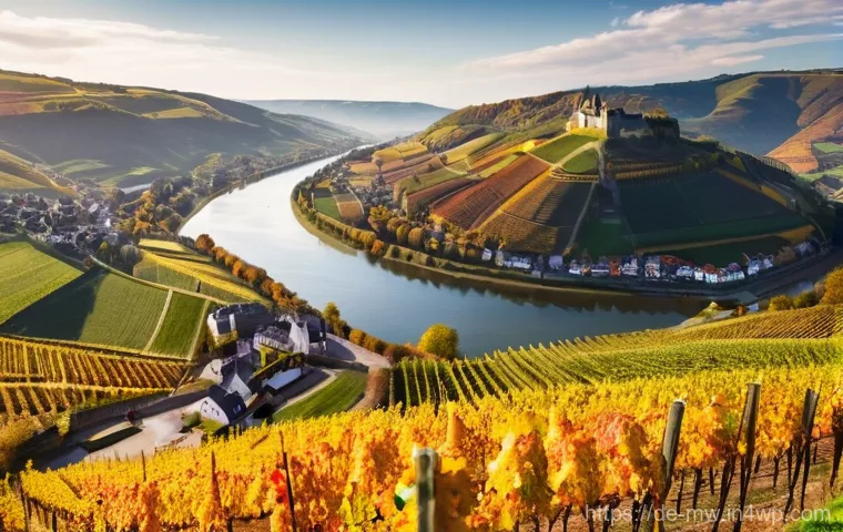 와인과 지역 음식을 함께 즐길 수 있는 투어 - **Prompt:** A breathtaking, wide-angle shot of the Mosel Valley in autumn. The scene is dominated by...