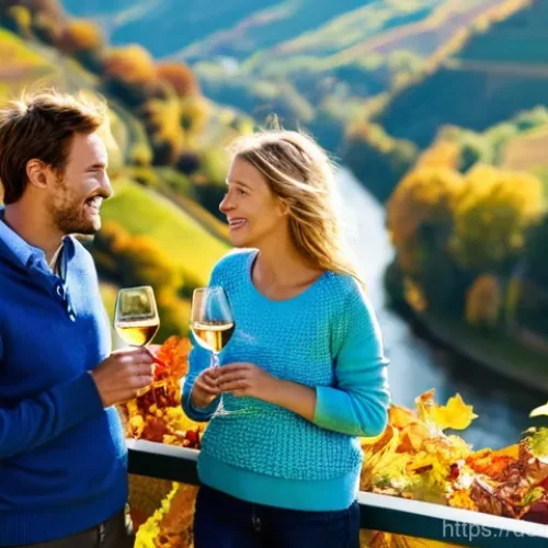 전문가의 조언에 따른 와인 양조장 방문 계획 - **Prompt:** "A picturesque autumn landscape in the Mosel Valley, Germany. The scene features intense...