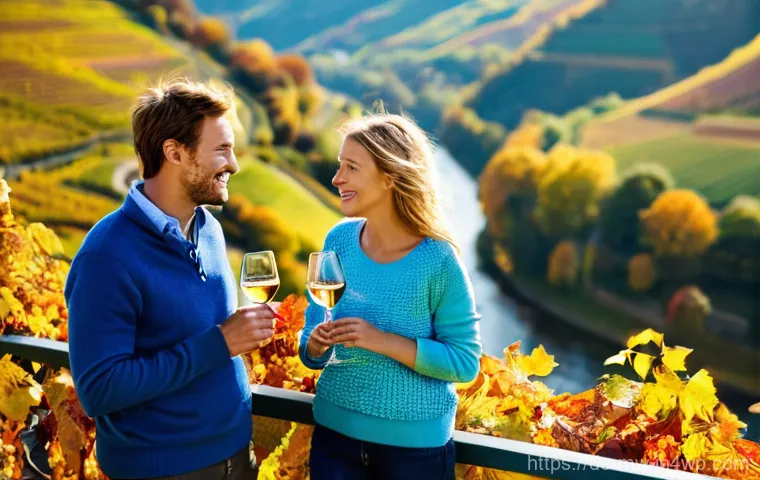 전문가의 조언에 따른 와인 양조장 방문 계획 - **Prompt:** "A picturesque autumn landscape in the Mosel Valley, Germany. The scene features intense...