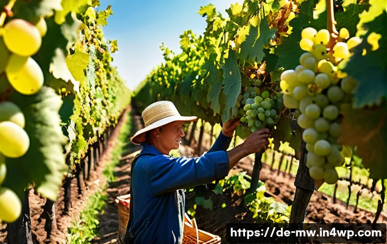 와인 생산 과정 이해하기  양조장 투어의 핵심 - A detailed vineyard scene in the German Pfalz region during grape harvest season, showing experience...