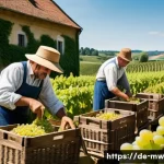 Home 20 와이너리 투어 중 사라지는 전통 - A traditional German vineyard scene during grape harvest, showing skilled workers hand-picking ripe ...