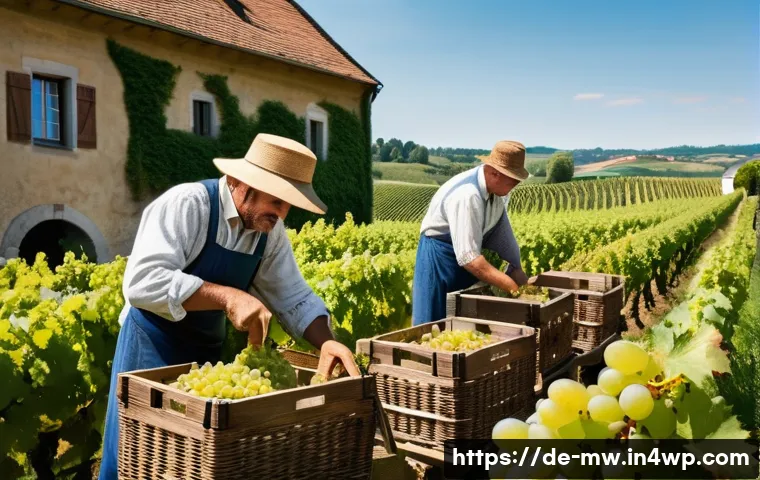 와이너리 투어 중 사라지는 전통 - A traditional German vineyard scene during grape harvest, showing skilled workers hand-picking ripe ...