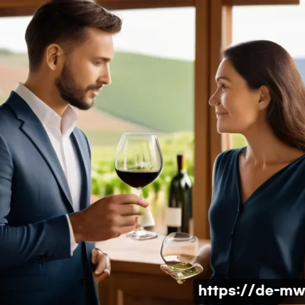 와인 테이스팅 경기 준비하기 - A sophisticated wine tasting scene set in an elegant German vineyard tasting room, featuring a diver...