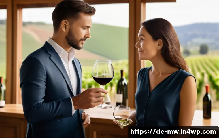 와인 테이스팅 경기 준비하기 - A sophisticated wine tasting scene set in an elegant German vineyard tasting room, featuring a diver...