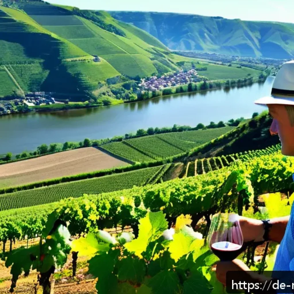 와이너리 투어를 통해 발견한 새로운 취향 - A detailed vineyard landscape in the Mosel region during late afternoon, showcasing steep slopes cov...