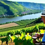 Home 23 와이너리 투어를 통해 발견한 새로운 취향 - A detailed vineyard landscape in the Mosel region during late afternoon, showcasing steep slopes cov...