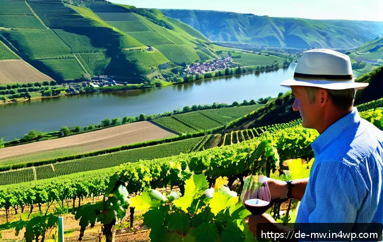 와이너리 투어를 통해 발견한 새로운 취향 - A detailed vineyard landscape in the Mosel region during late afternoon, showcasing steep slopes cov...