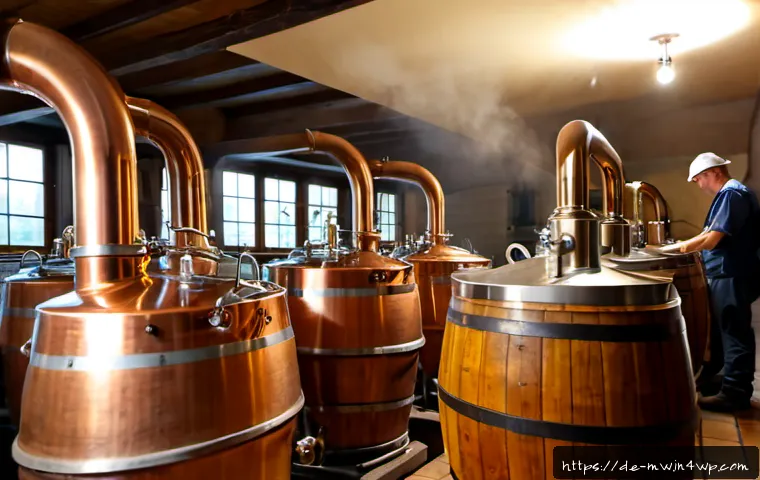 전국 각 지역의 유명 양조장 리스트 - Photorealistic wide interior of a traditional Bavarian craft brewery, polished copper brewing kettle...