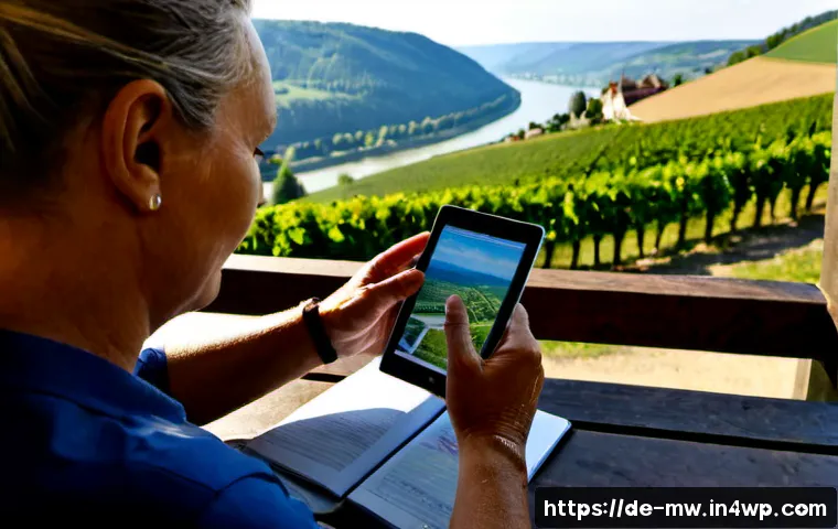 와인 양조장 투어의 필수 앱과 웹사이트 - Photorealistic vineyard tour planning scene in Germany, mature couple seated at a rustic wooden tabl...