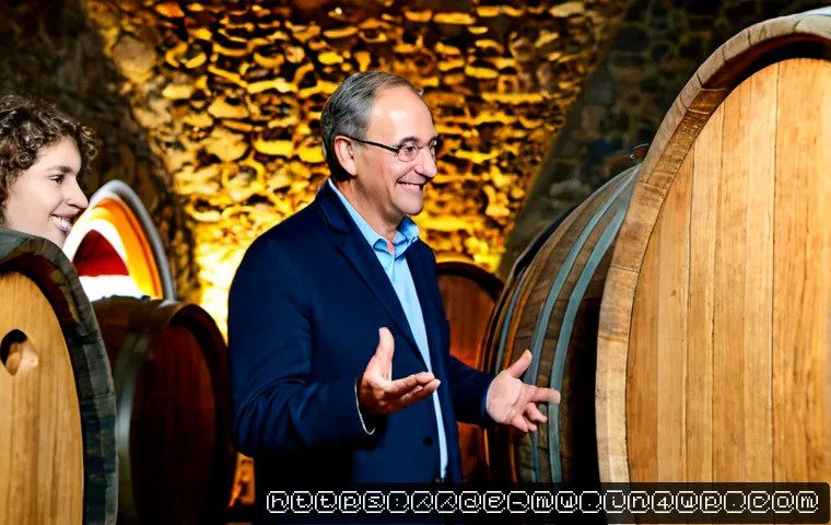 Home 17 양조장 투어 중 와인 생산자의 이야기 듣기 - Photorealistic winery tour in a traditional German vineyard cellar, a friendly middle-aged wine prod...