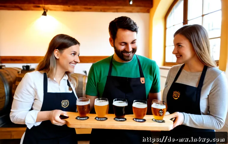 양조장 체험의 가치를 높이는 방법 - Photorealistic German craft brewery tasting experience, friendly brewery guide in a clean apron pres...